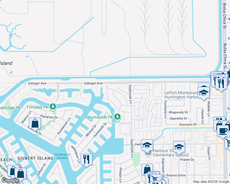 map of restaurants, bars, coffee shops, grocery stores, and more near 4072 Shorebreak Drive in Huntington Beach