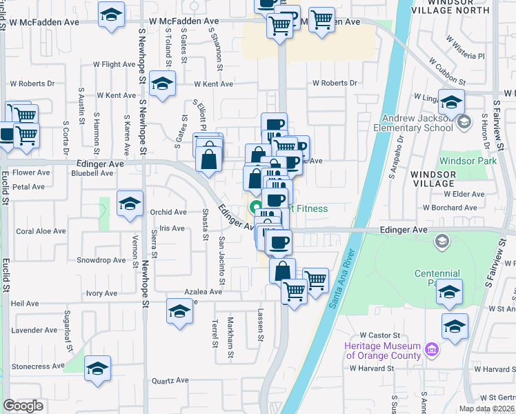 map of restaurants, bars, coffee shops, grocery stores, and more near 16141 Harbor Boulevard in Fountain Valley
