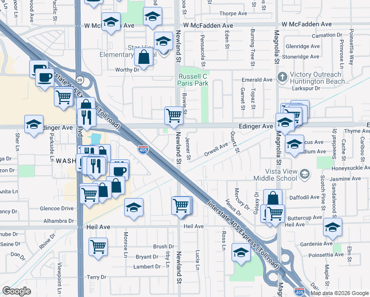 map of restaurants, bars, coffee shops, grocery stores, and more near 15521 Brookhurst Street in Westminster