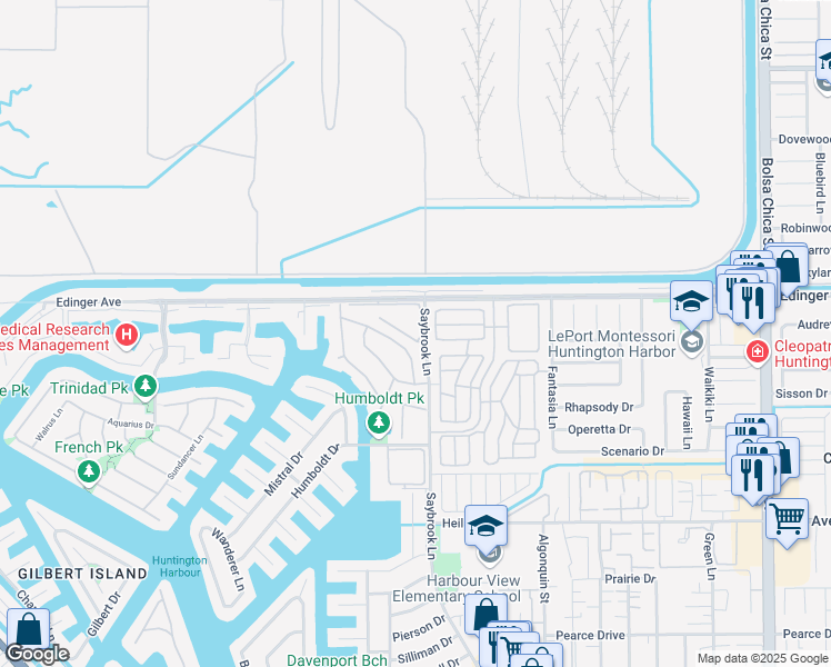 map of restaurants, bars, coffee shops, grocery stores, and more near 16089 Crete Lane in Huntington Beach