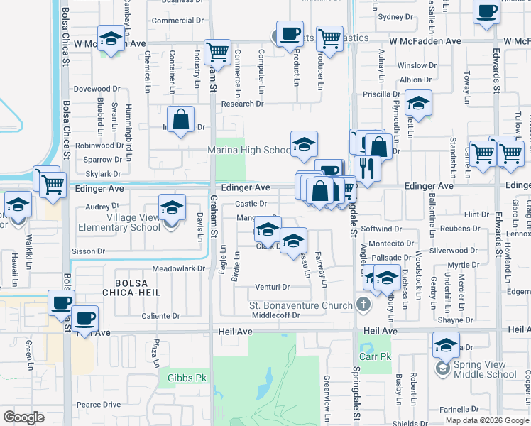 map of restaurants, bars, coffee shops, grocery stores, and more near 5681 Mangrum Drive in Huntington Beach