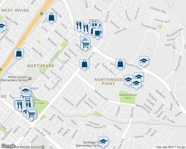 map of restaurants, bars, coffee shops, grocery stores, and more near 149 Islington in Irvine