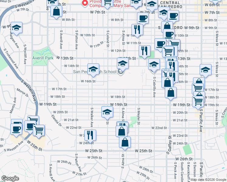 map of restaurants, bars, coffee shops, grocery stores, and more near 1061 West 17th Street in Los Angeles