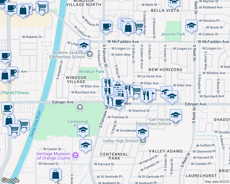 map of restaurants, bars, coffee shops, grocery stores, and more near West Hood Avenue in Santa Ana