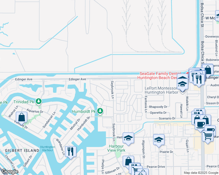 map of restaurants, bars, coffee shops, grocery stores, and more near 16089 Crete Lane in Huntington Beach