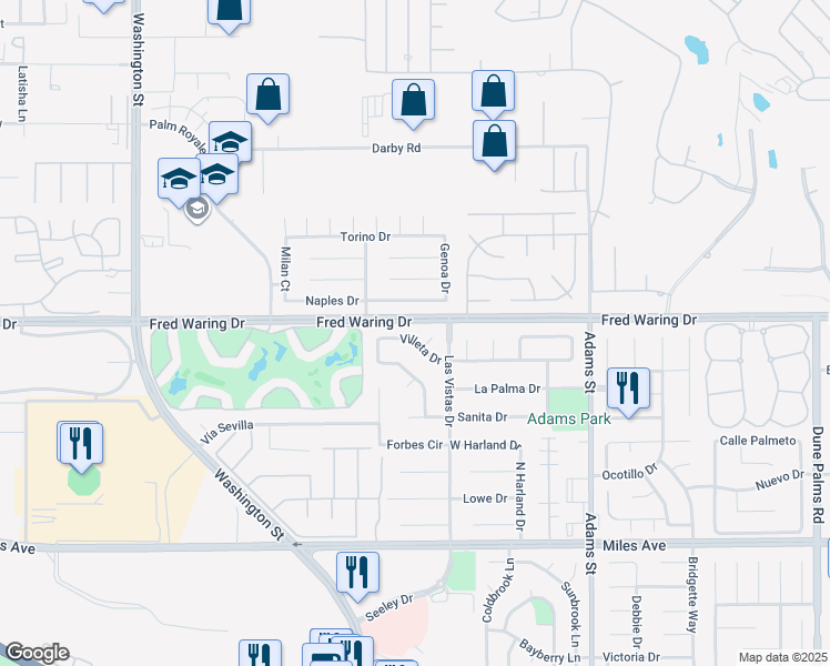 map of restaurants, bars, coffee shops, grocery stores, and more near 78590 Villeta Drive in La Quinta