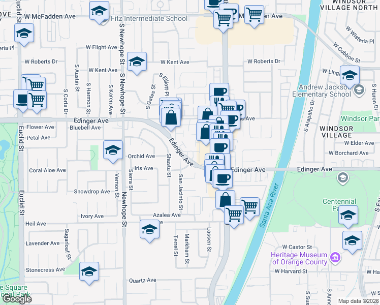 map of restaurants, bars, coffee shops, grocery stores, and more near 16161 Mount Olancha Street in Fountain Valley