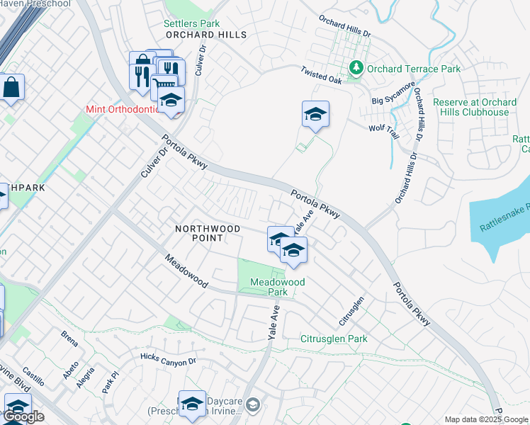 map of restaurants, bars, coffee shops, grocery stores, and more near 410 Timberwood in Irvine