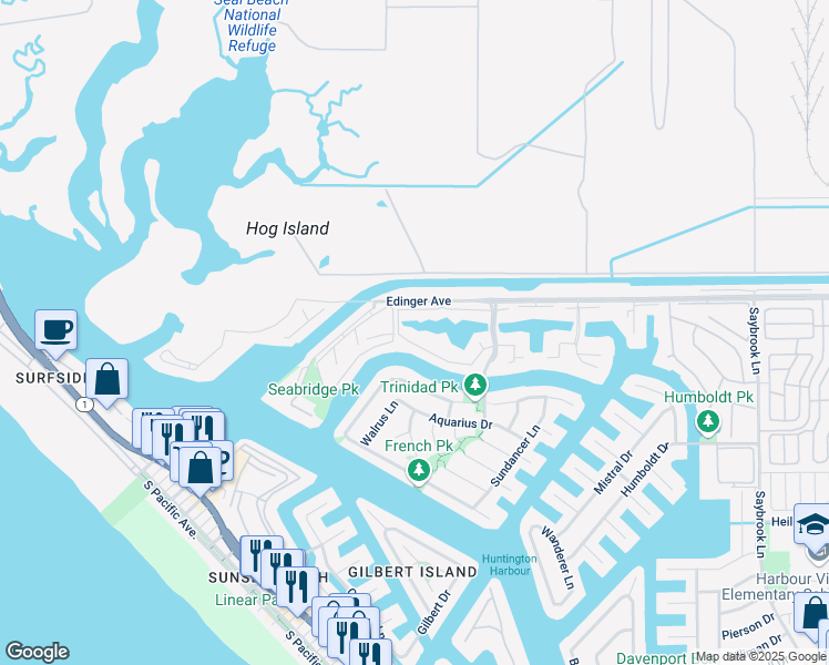 map of restaurants, bars, coffee shops, grocery stores, and more near 3465 Windspun Drive in Huntington Beach