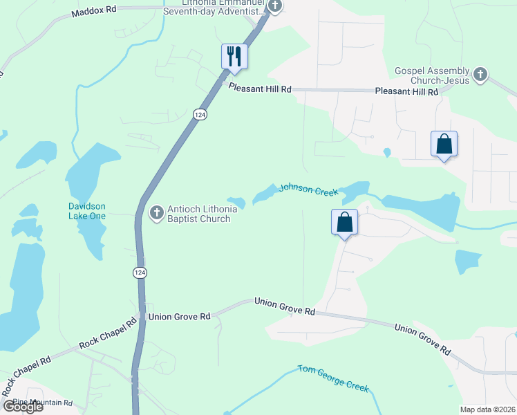 map of restaurants, bars, coffee shops, grocery stores, and more near 2101 Poplar Falls Road in Lithonia