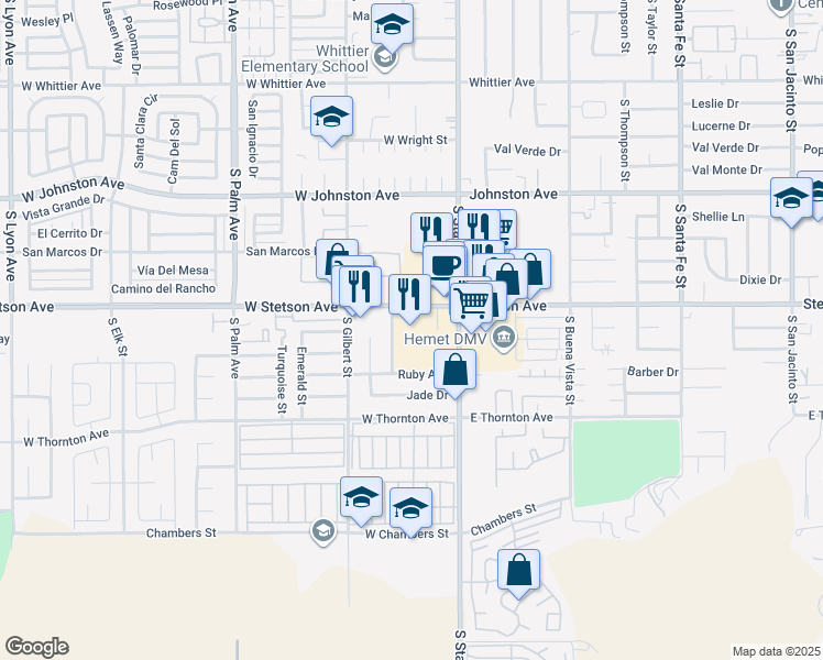 map of restaurants, bars, coffee shops, grocery stores, and more near 1123 South State Street in Hemet