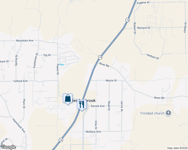 map of restaurants, bars, coffee shops, grocery stores, and more near 21180 John Street in Perris