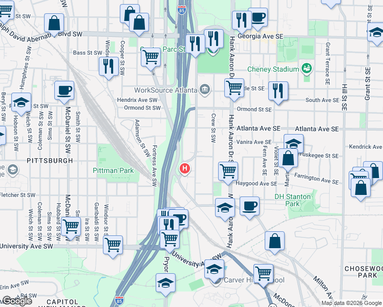map of restaurants, bars, coffee shops, grocery stores, and more near 949 Washington Street Southwest in Atlanta