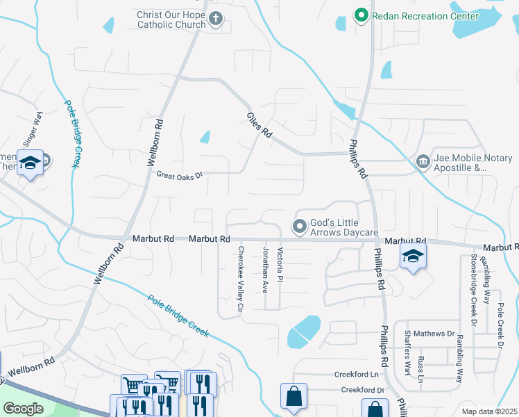 map of restaurants, bars, coffee shops, grocery stores, and more near 2116 Lown Farm Lane in Lithonia
