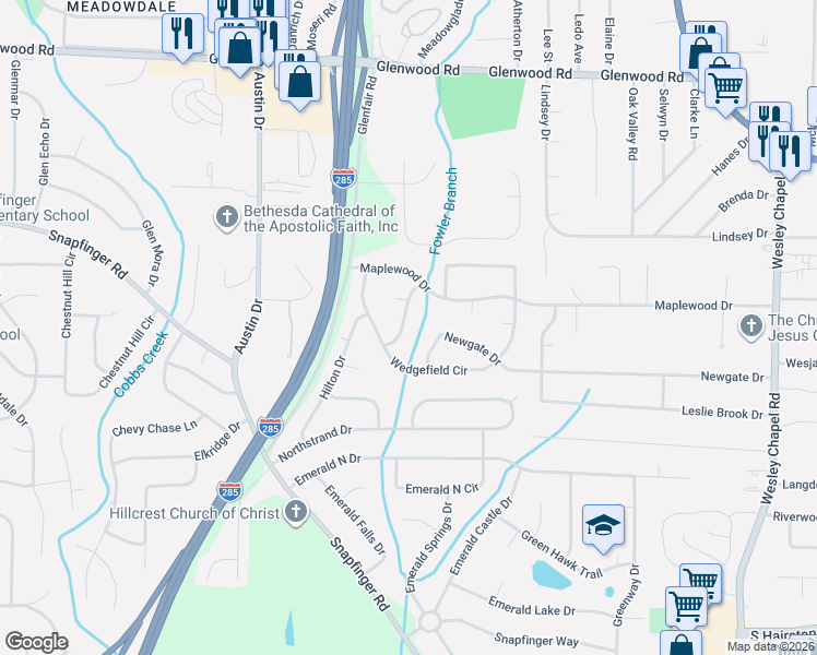 map of restaurants, bars, coffee shops, grocery stores, and more near 2068 Bluffton Way in Decatur