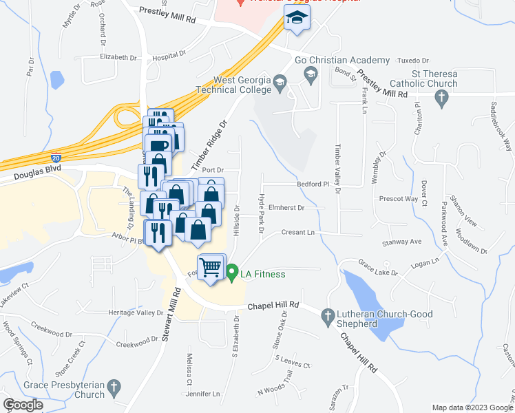 map of restaurants, bars, coffee shops, grocery stores, and more near 2826 Hyde Park Drive in Douglasville