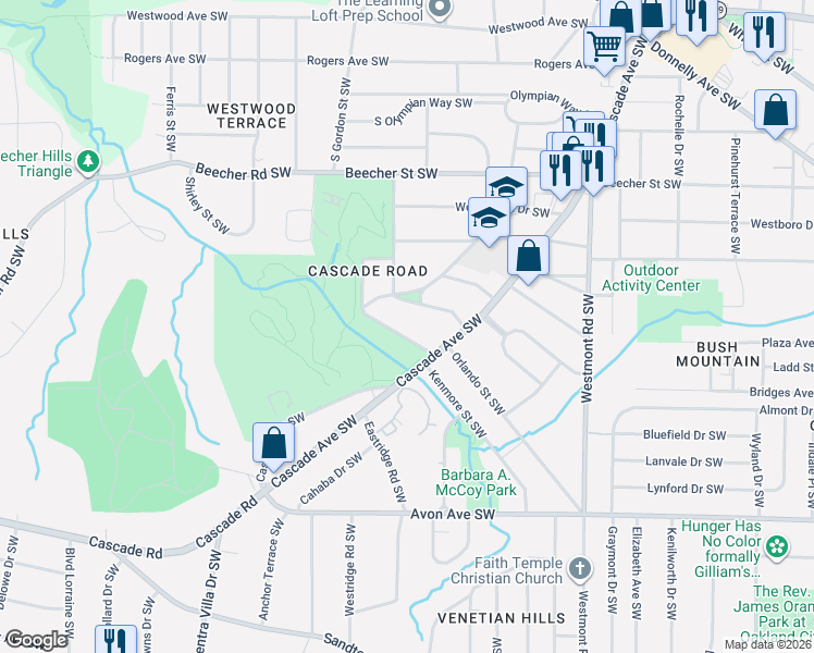 map of restaurants, bars, coffee shops, grocery stores, and more near 1714 Havilon Drive Southwest in Atlanta