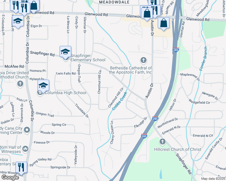 map of restaurants, bars, coffee shops, grocery stores, and more near 3655 Broadview Ct in Decatur