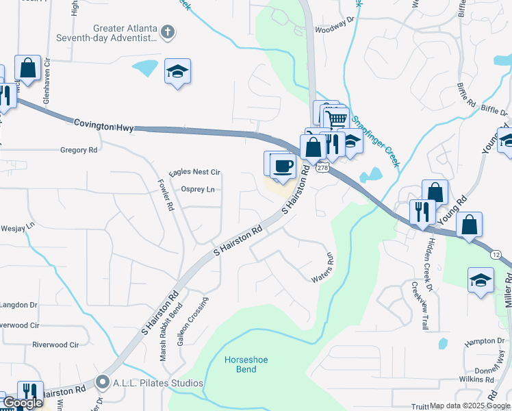 map of restaurants, bars, coffee shops, grocery stores, and more near 2022 Redwater Drive in Decatur