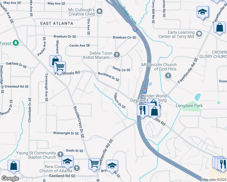 map of restaurants, bars, coffee shops, grocery stores, and more near 1833 Flat Shoals Road Southeast in Atlanta