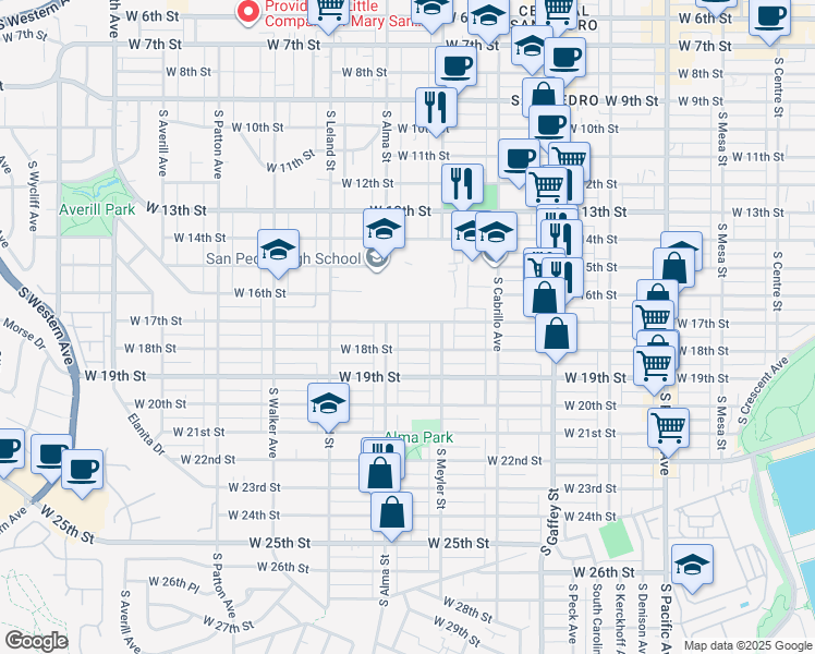 map of restaurants, bars, coffee shops, grocery stores, and more near 907 West 17th Street in Los Angeles