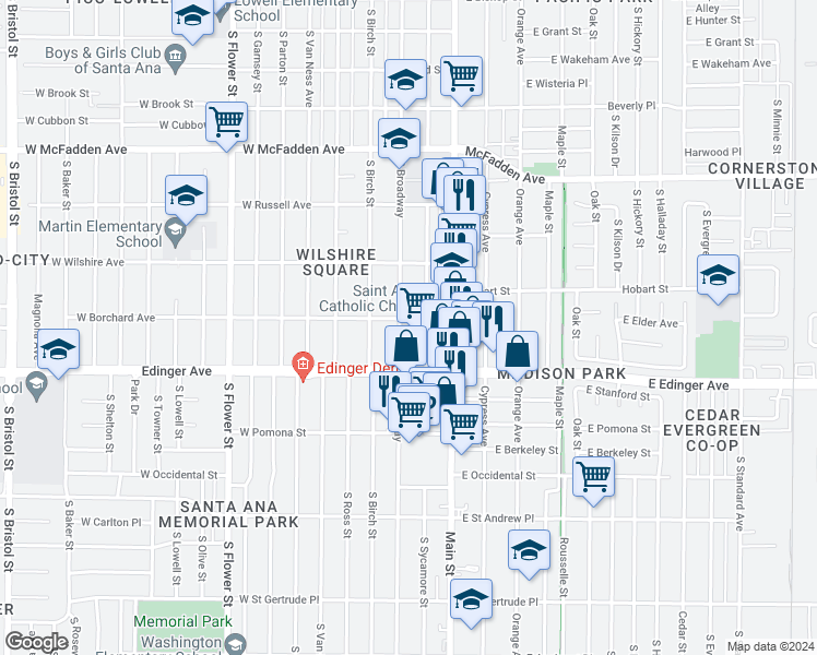 map of restaurants, bars, coffee shops, grocery stores, and more near 1405 South Broadway in Santa Ana