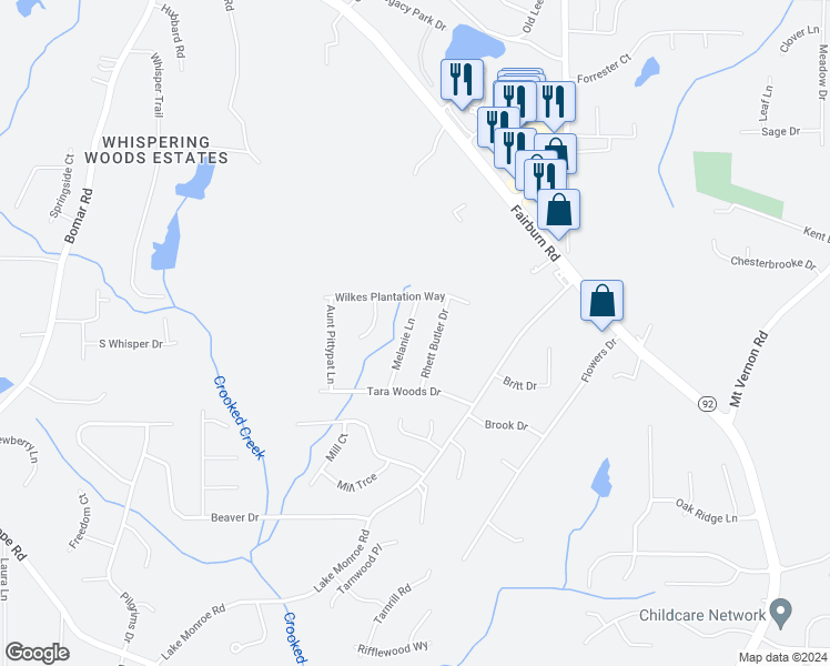 map of restaurants, bars, coffee shops, grocery stores, and more near 2802 Melanie Lane in Douglasville