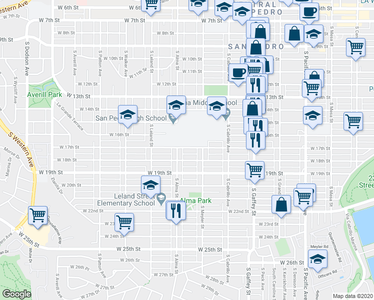 map of restaurants, bars, coffee shops, grocery stores, and more near 959 West 17th Street in Los Angeles