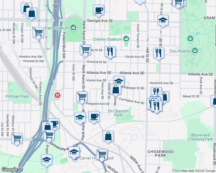 map of restaurants, bars, coffee shops, grocery stores, and more near 952 Violet Street Southeast in Atlanta