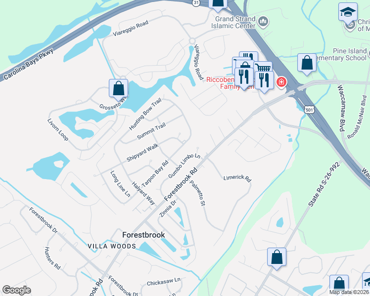 map of restaurants, bars, coffee shops, grocery stores, and more near 4541 Tarpon Bay Road in Myrtle Beach