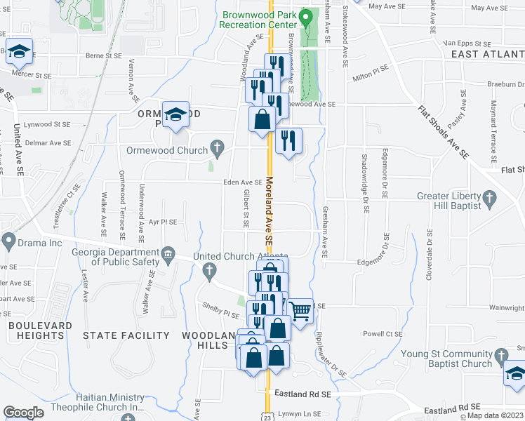 map of restaurants, bars, coffee shops, grocery stores, and more near 935 Moreland Avenue Southeast in Atlanta