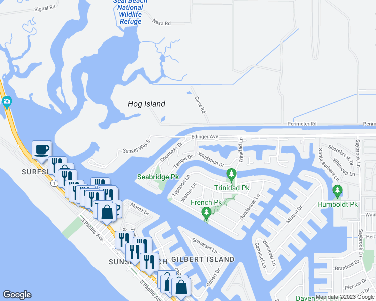 map of restaurants, bars, coffee shops, grocery stores, and more near 3381 Bandit Circle in Huntington Beach