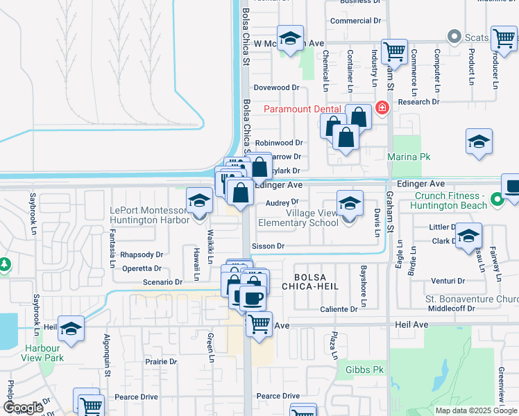 map of restaurants, bars, coffee shops, grocery stores, and more near 5052 Audrey Drive in Huntington Beach