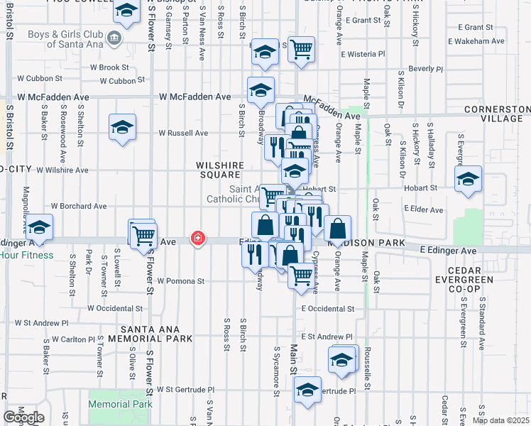 map of restaurants, bars, coffee shops, grocery stores, and more near 1405 South Broadway in Santa Ana