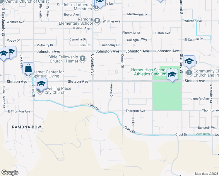 map of restaurants, bars, coffee shops, grocery stores, and more near 2 Stetson Avenue in Hemet