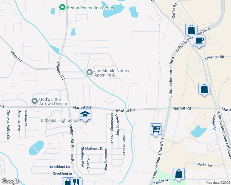 map of restaurants, bars, coffee shops, grocery stores, and more near 2058 Charter Lane in Lithonia