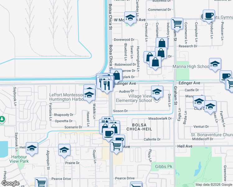 map of restaurants, bars, coffee shops, grocery stores, and more near 5052 Audrey Drive in Huntington Beach