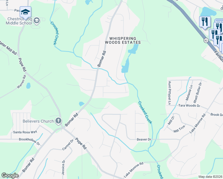 map of restaurants, bars, coffee shops, grocery stores, and more near 3301 North Whisper Drive in Douglasville