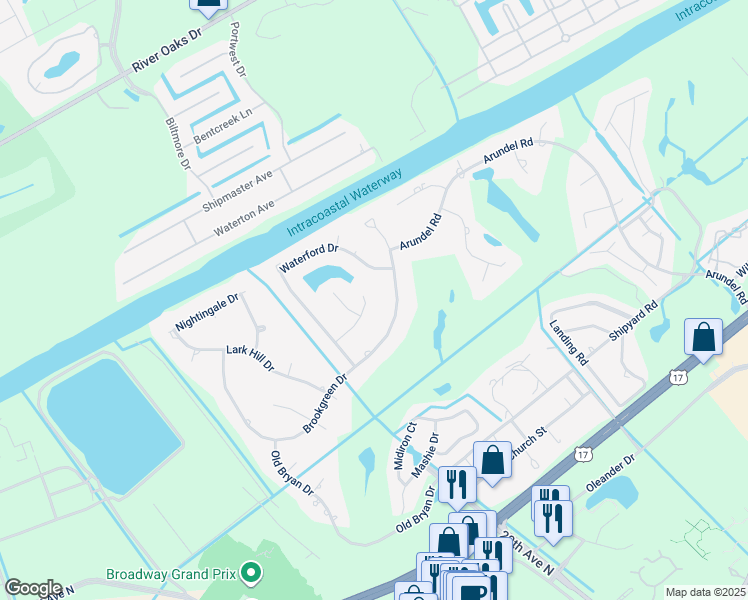 map of restaurants, bars, coffee shops, grocery stores, and more near 1423 Caledonia Drive in Myrtle Beach