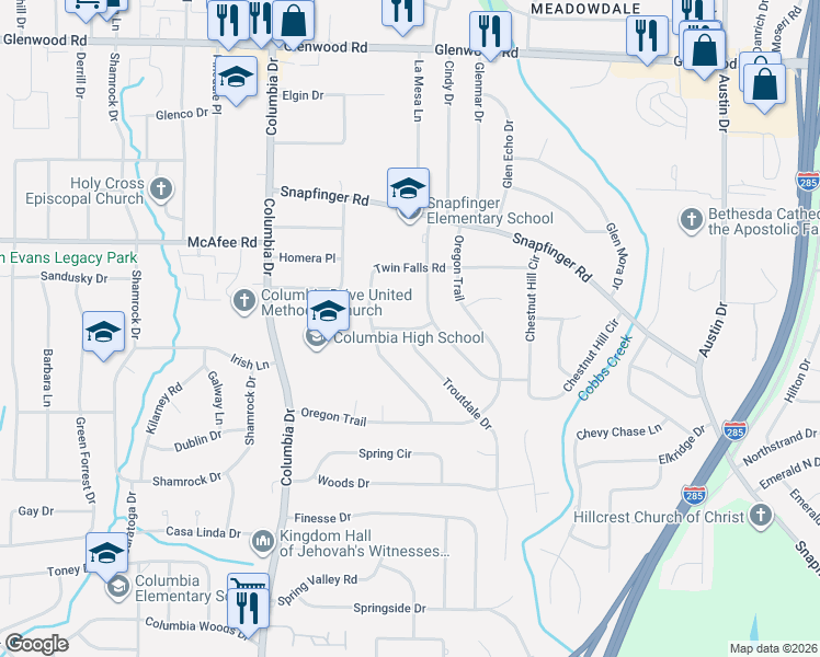 map of restaurants, bars, coffee shops, grocery stores, and more near 2071 Willamette Way in Decatur