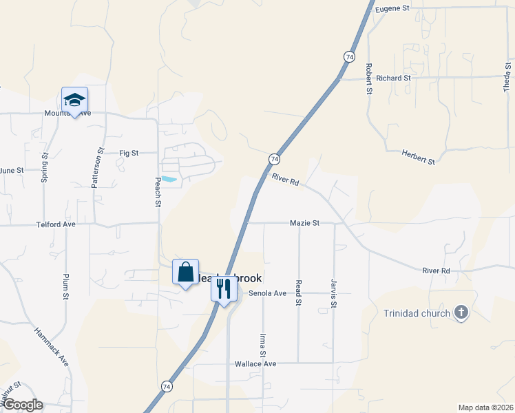 map of restaurants, bars, coffee shops, grocery stores, and more near 21180 John Street in Perris