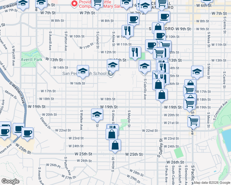 map of restaurants, bars, coffee shops, grocery stores, and more near 975 West 17th Street in Los Angeles