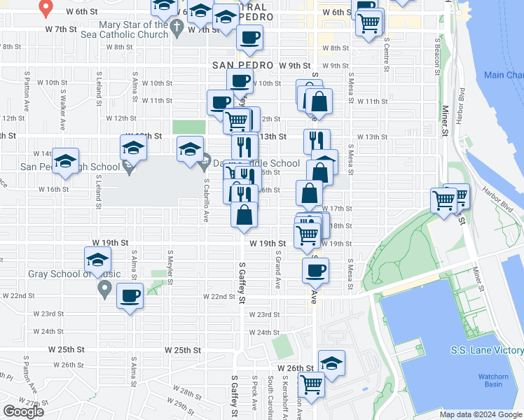 map of restaurants, bars, coffee shops, grocery stores, and more near 643 West 17th Street in Los Angeles