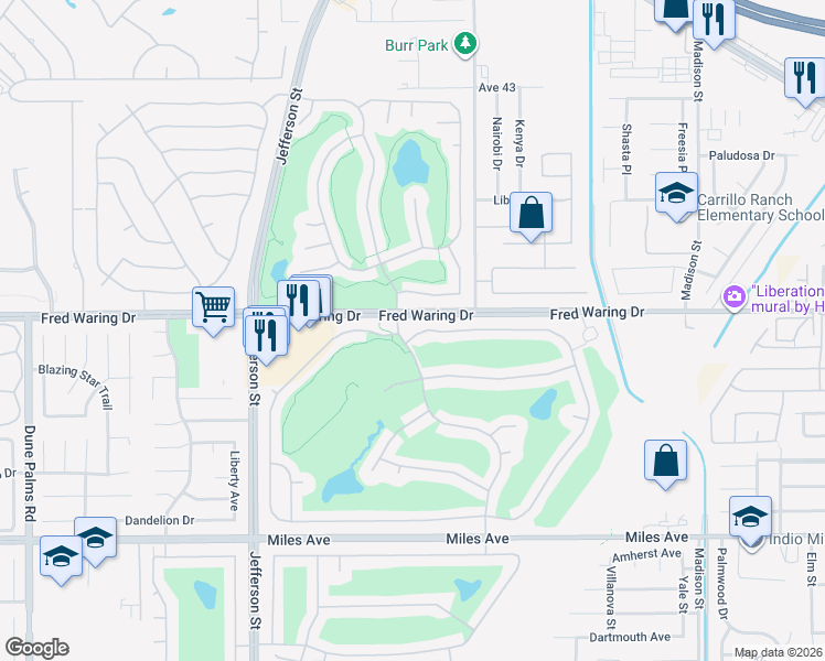 map of restaurants, bars, coffee shops, grocery stores, and more near 80242 Royal Dornoch Drive in Indio