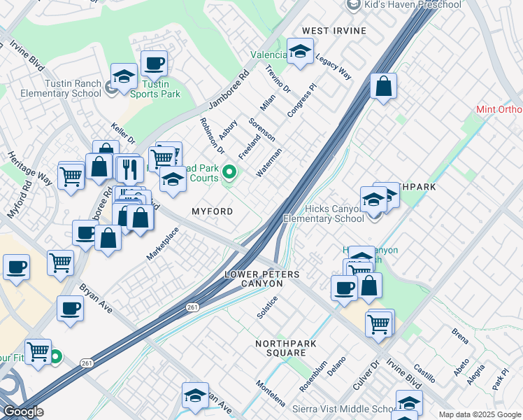 map of restaurants, bars, coffee shops, grocery stores, and more near 16 Starwood in Irvine