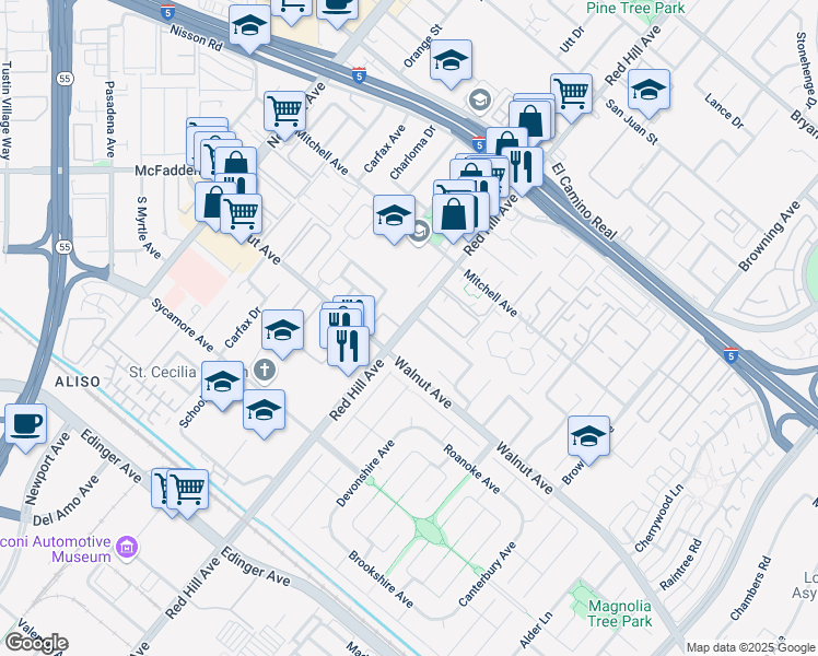 map of restaurants, bars, coffee shops, grocery stores, and more near 14406 Red Hill Avenue in Tustin