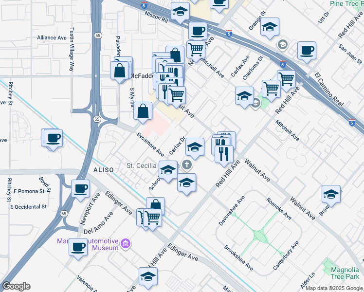 map of restaurants, bars, coffee shops, grocery stores, and more near 14641 Carfax Drive in Tustin