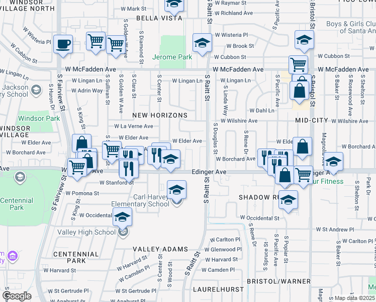 map of restaurants, bars, coffee shops, grocery stores, and more near 1414 South Townsend Street in Santa Ana