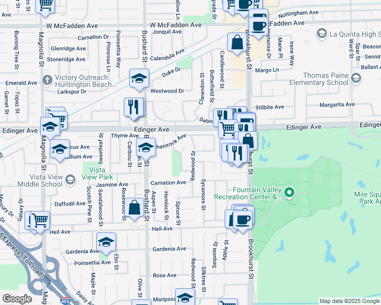 map of restaurants, bars, coffee shops, grocery stores, and more near 16096 Mesquite Circle in Fountain Valley