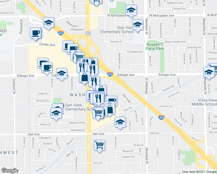 map of restaurants, bars, coffee shops, grocery stores, and more near 16081 Malaga Lane in Huntington Beach